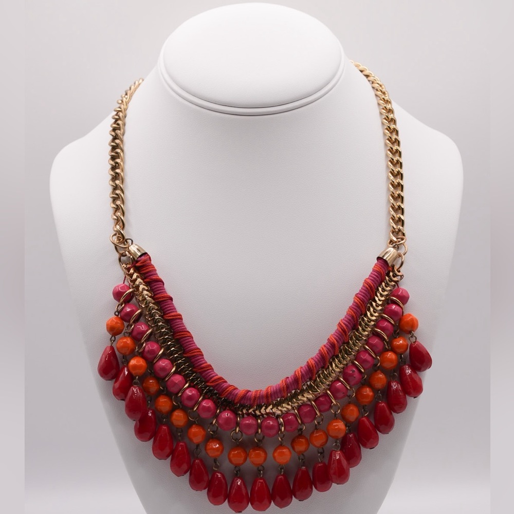 Boho Beaded Statement Necklace - Pink, Orange and Red Beads - Gold tone